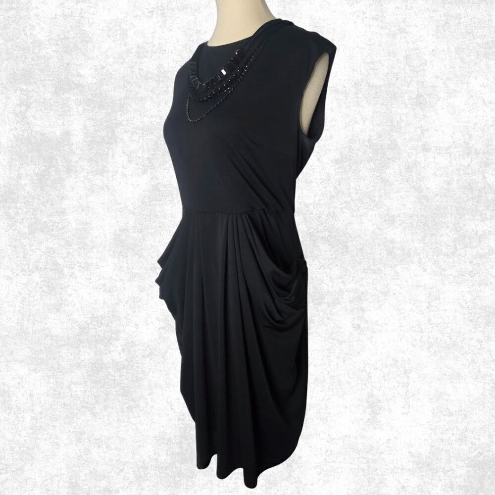 BCBGMAXAZRIA Black Draped Sheath Dress – M | Beaded Collar + Pockets | Luxe Glam